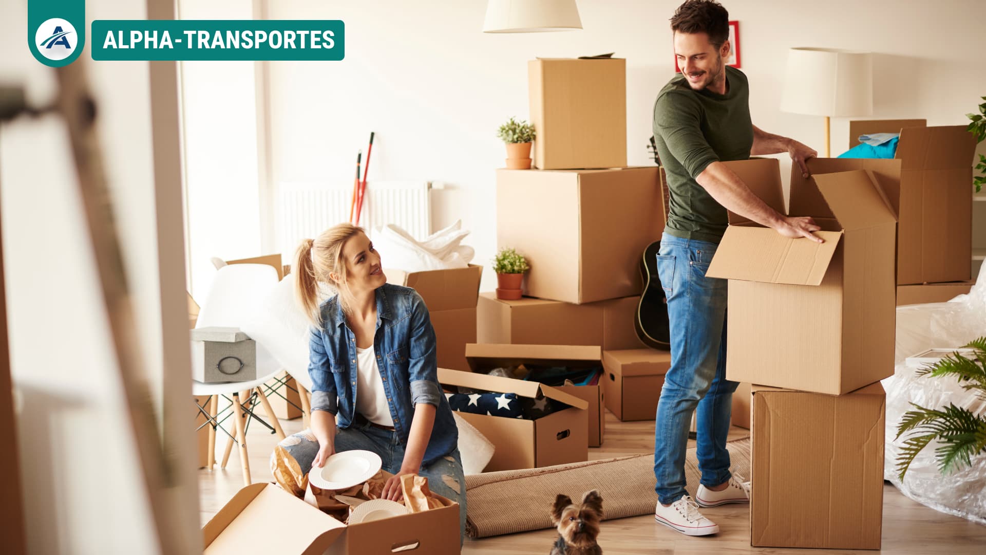 Pareja preparando cajas para una mudanza de piso con Alpha Transportes en Alicante